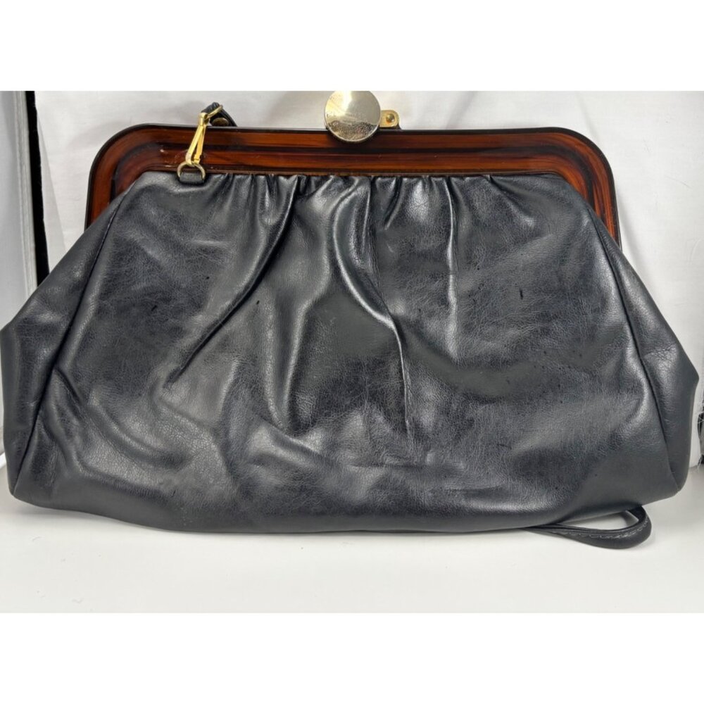 Vintage Black Leather Handbag With Tortoiseshell Frame & Gold Clasp Closure - Picture 3 of 7